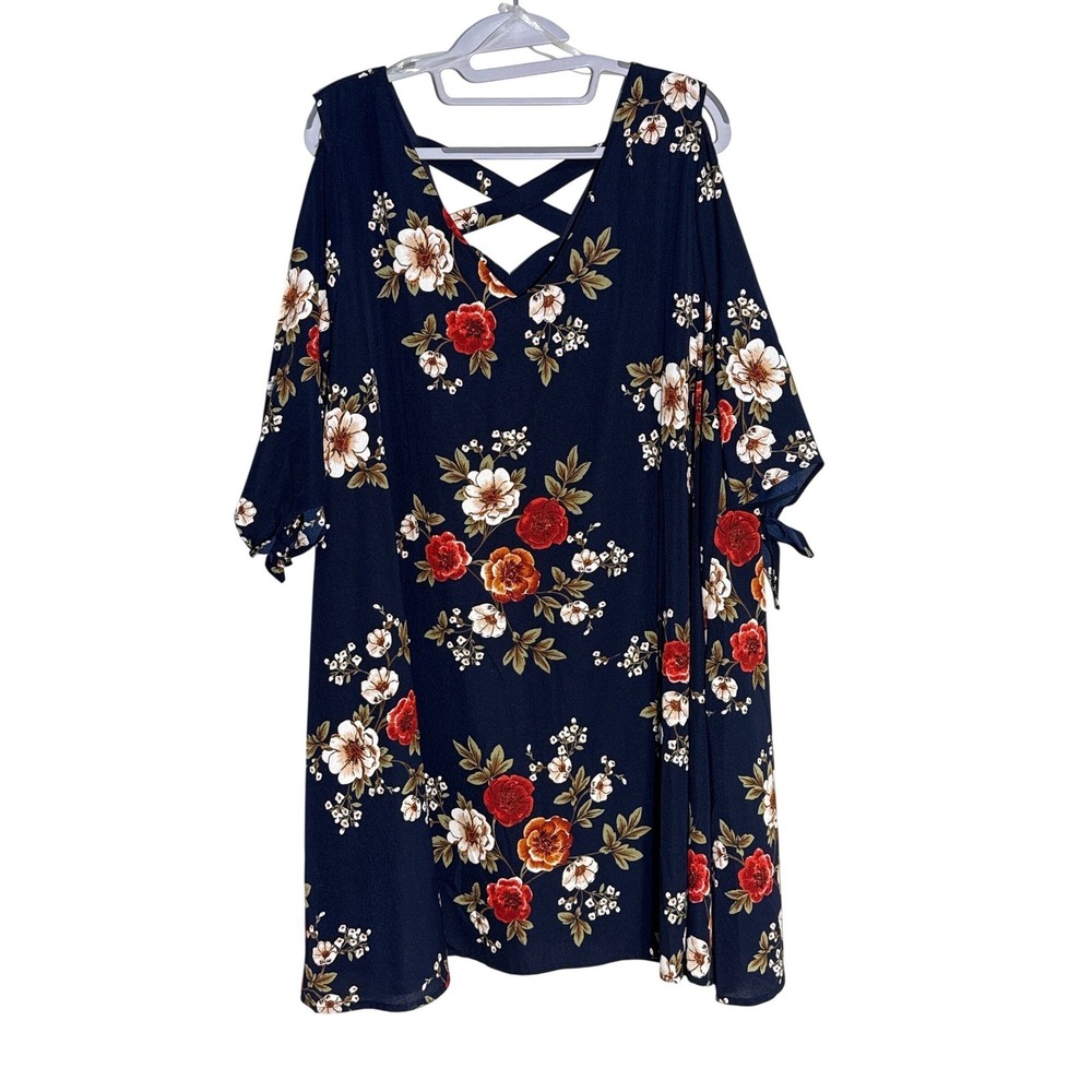 Umgee Navy Blue Floral Cold Shoulder Dress Women 1XL